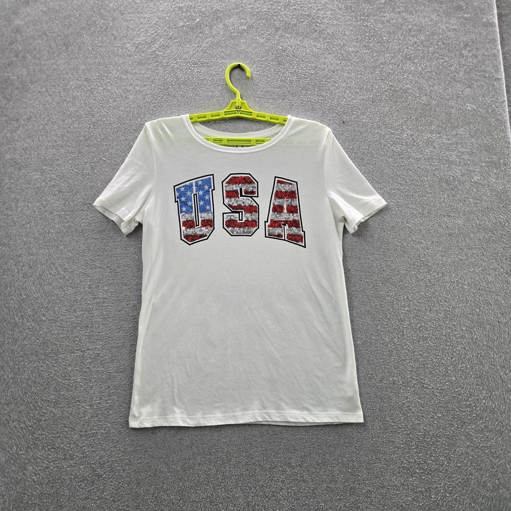 PINK Victoria's Secret Women Shirt S White Graphic Sequin Bling Patriotic